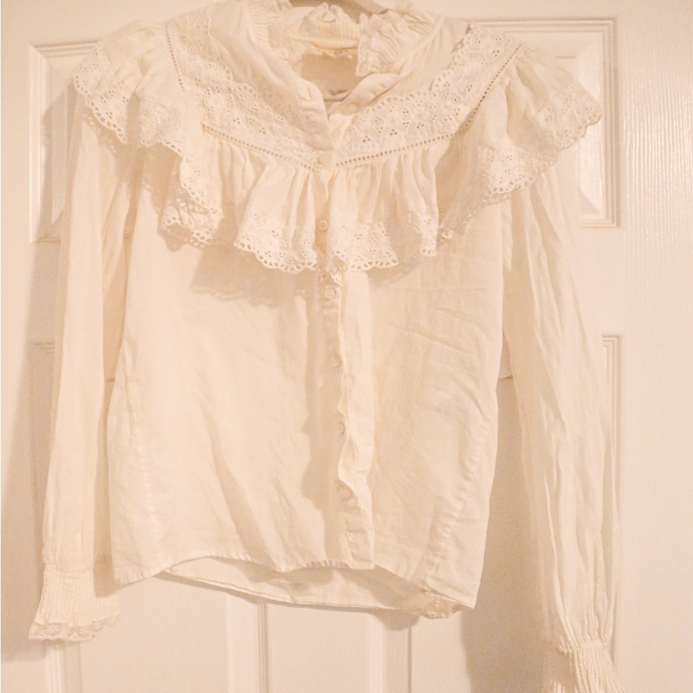 Sezane Lace Eyelet Ruffle Button Top 34